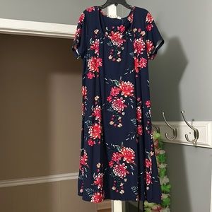 Pink Rose dress, navy with floral designs, Women’s size Medium